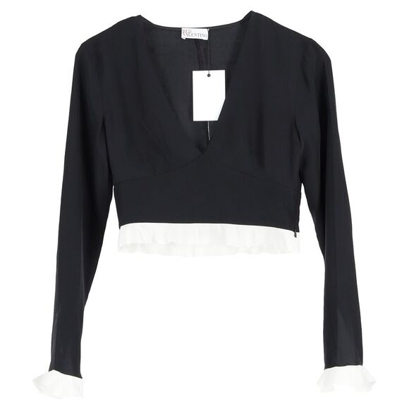 RED Valentino Ruffled-Hem Cropped Top in Black Viscose